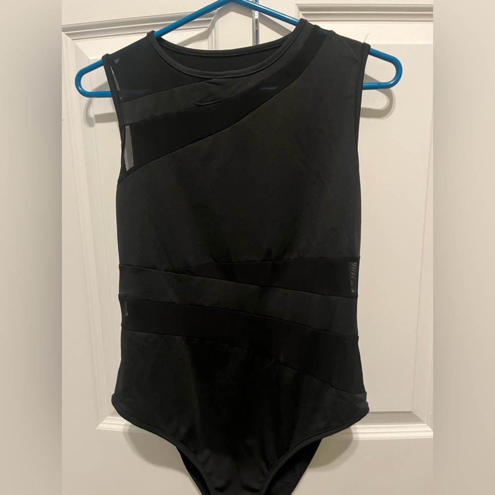 Black bodysuit with mesh cutouts